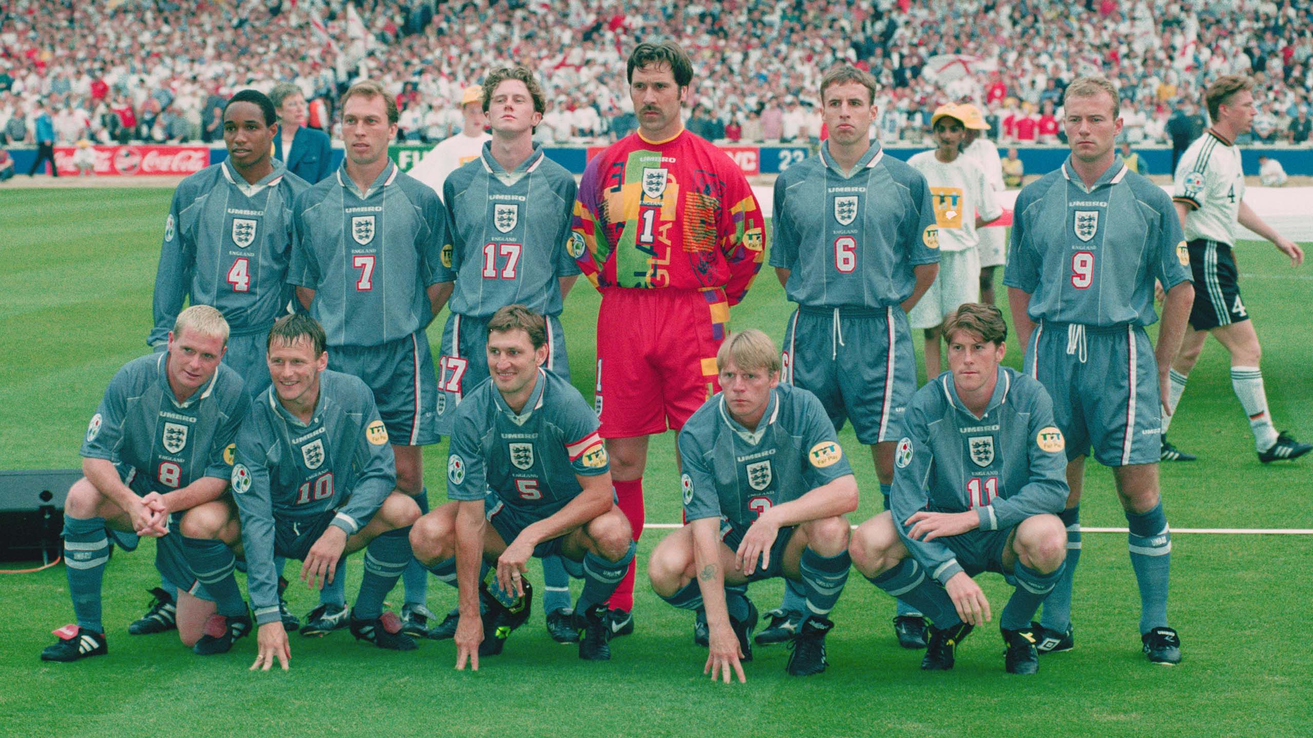 Teddy and Darren line-up ahead of the Euro 96 semi-final against Germany at Wembley - notice Steffen Freund in the background...