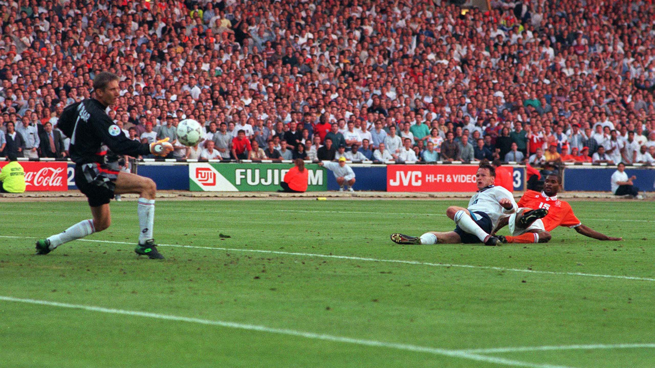 Teddy fires home for 4-0 against Holland in Euro 96...