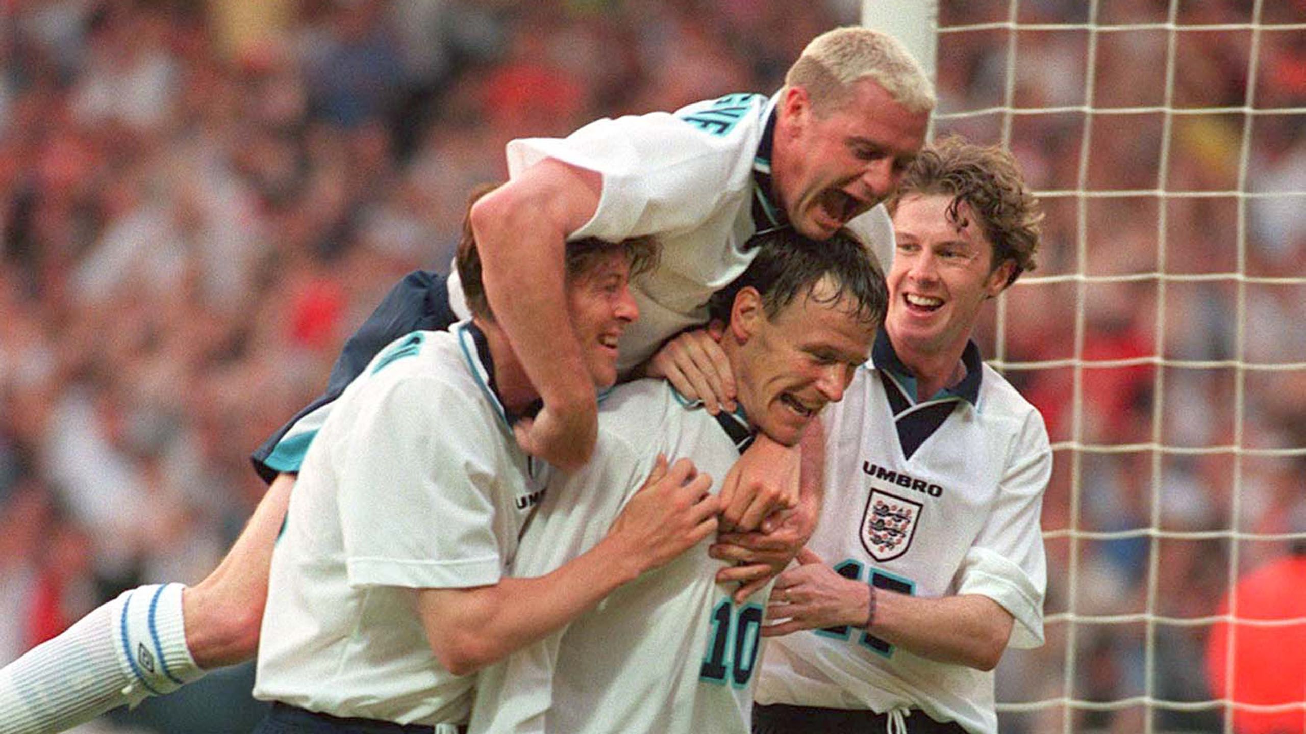 Darren, Paul Gascoigne and Steve McManaman celebrate Teddy's first goal to make it 2-0 against Holland at Euro 96...