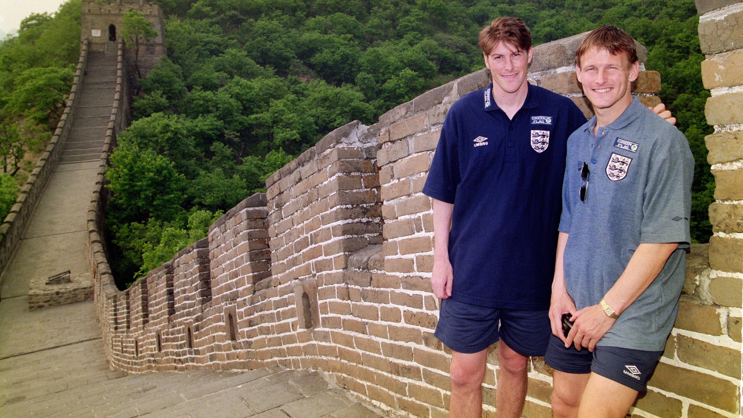 Darren and Teddy at the Great Wall of China ahead of Euro 96 - May, 1996