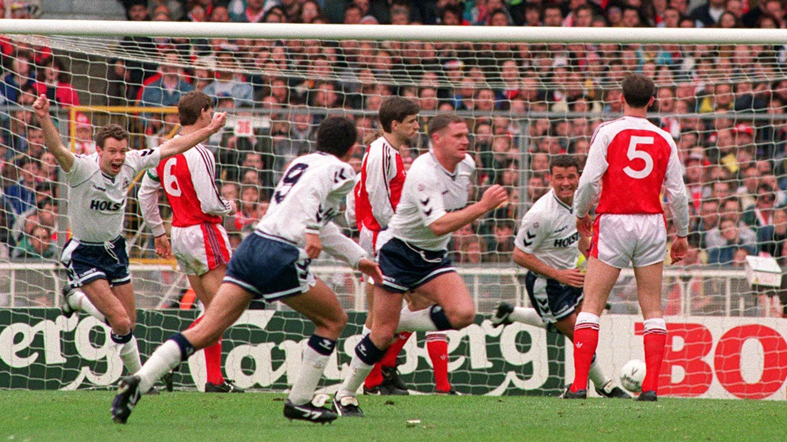 The look on David Howells' face - far left - says it all after Gazza's free-kick against Arsenal - April, 1991