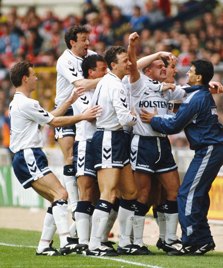 Paul jumps into the celebrations after Gazza's free-kick opened the scoring against Arsenal at Wembley - April, 1991...
