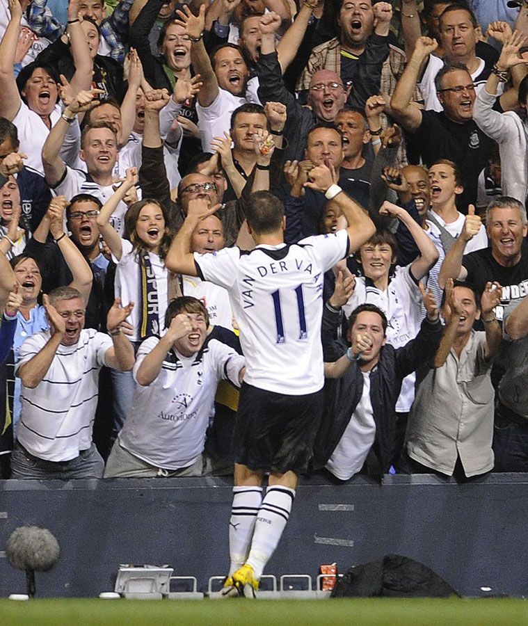 Rafa celebrates with fans after his first goal in our 3-3 draw at the Lane in April, 2011...