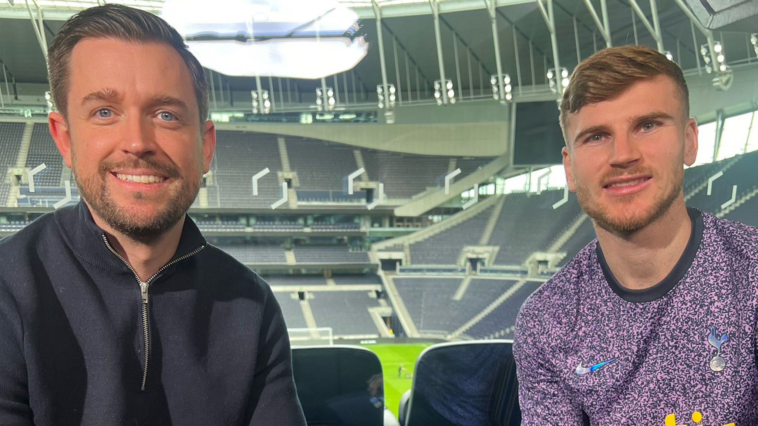 Sky Sports' presenter and reporter Michael Bridge interviews Timo Werner at Tottenham Hotspur Stadium last season...