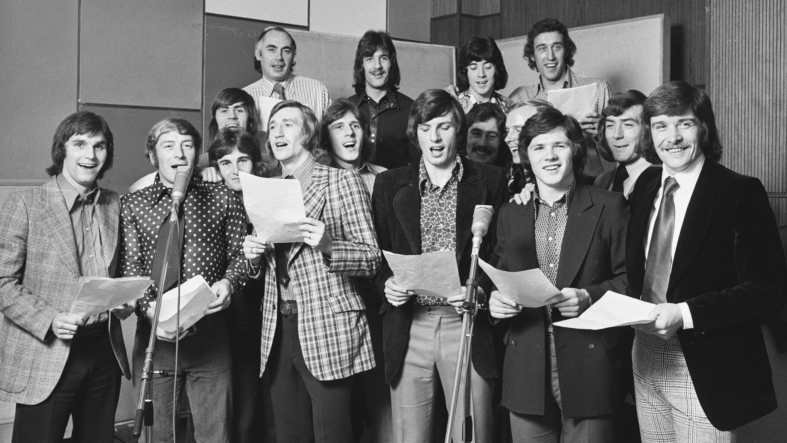 Ray right in the middle of the chorus line as the players record 'Hotshot Boogie' ahead of the 1973 League Cup Final...